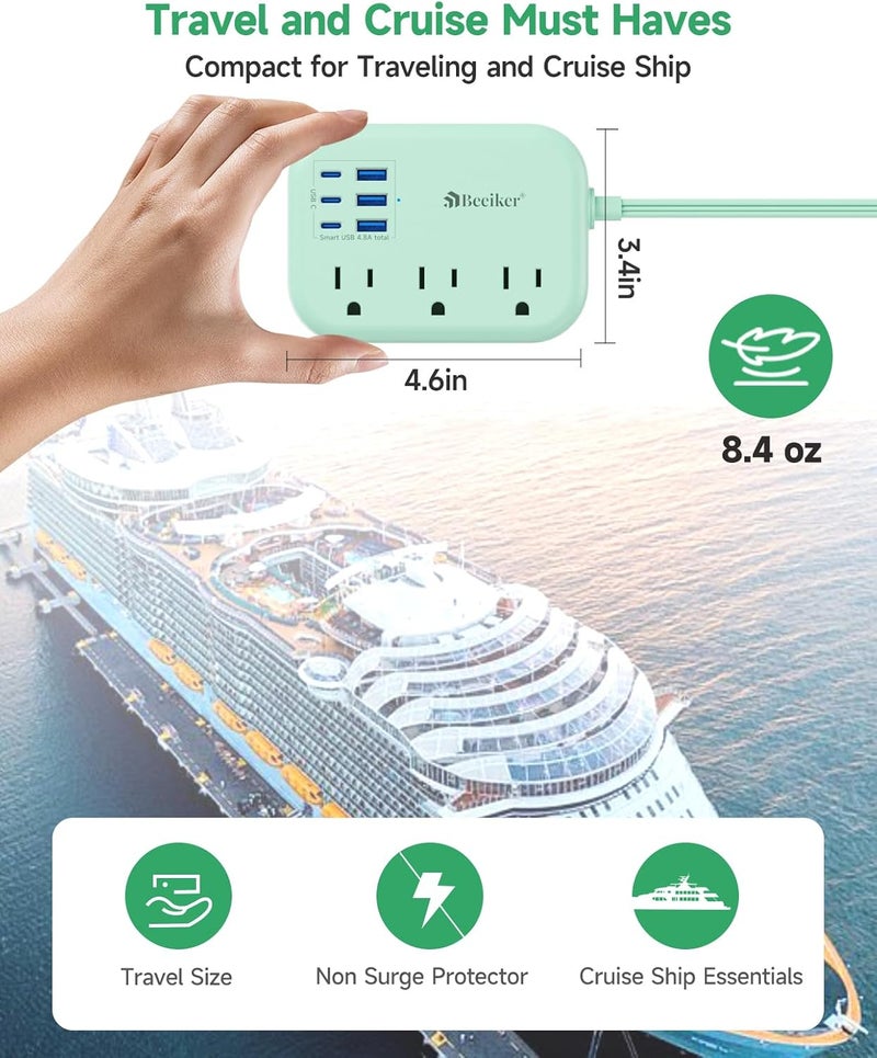Beeiker 6 USB(3 USB C) Green Travel Power Strip- 5Ft Green Extension Cord with 6 USB Charging Station 24W and 3 Outlets, Cute Desk Accessories for Cruise Travel Kawaii Home Office Dorm Room - Image 4